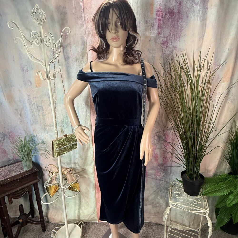 NEW📌Blush Mark French Blue Velvet Off-the-Shoulder Midi Many Occasions Dress - Picture 8 of 16